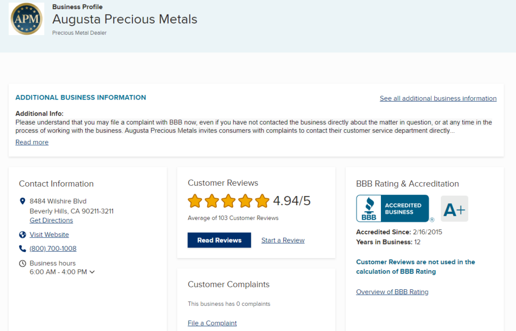 Augusta Precious Metals BBB rating