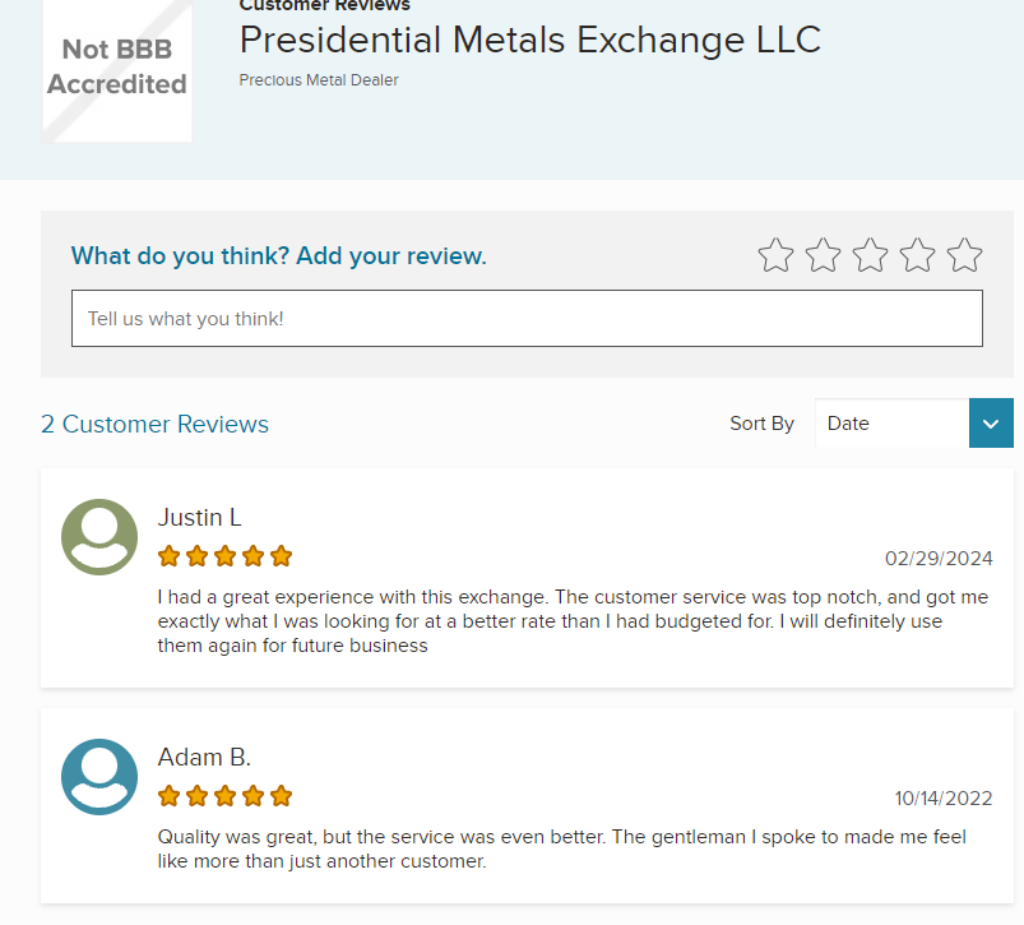 Presidential Metals Exchange BBB reviews